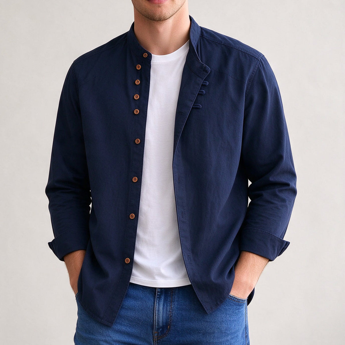Kanata band collar shirt in Navy - front view