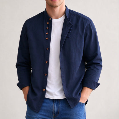 Kanata band collar shirt in Navy - front view