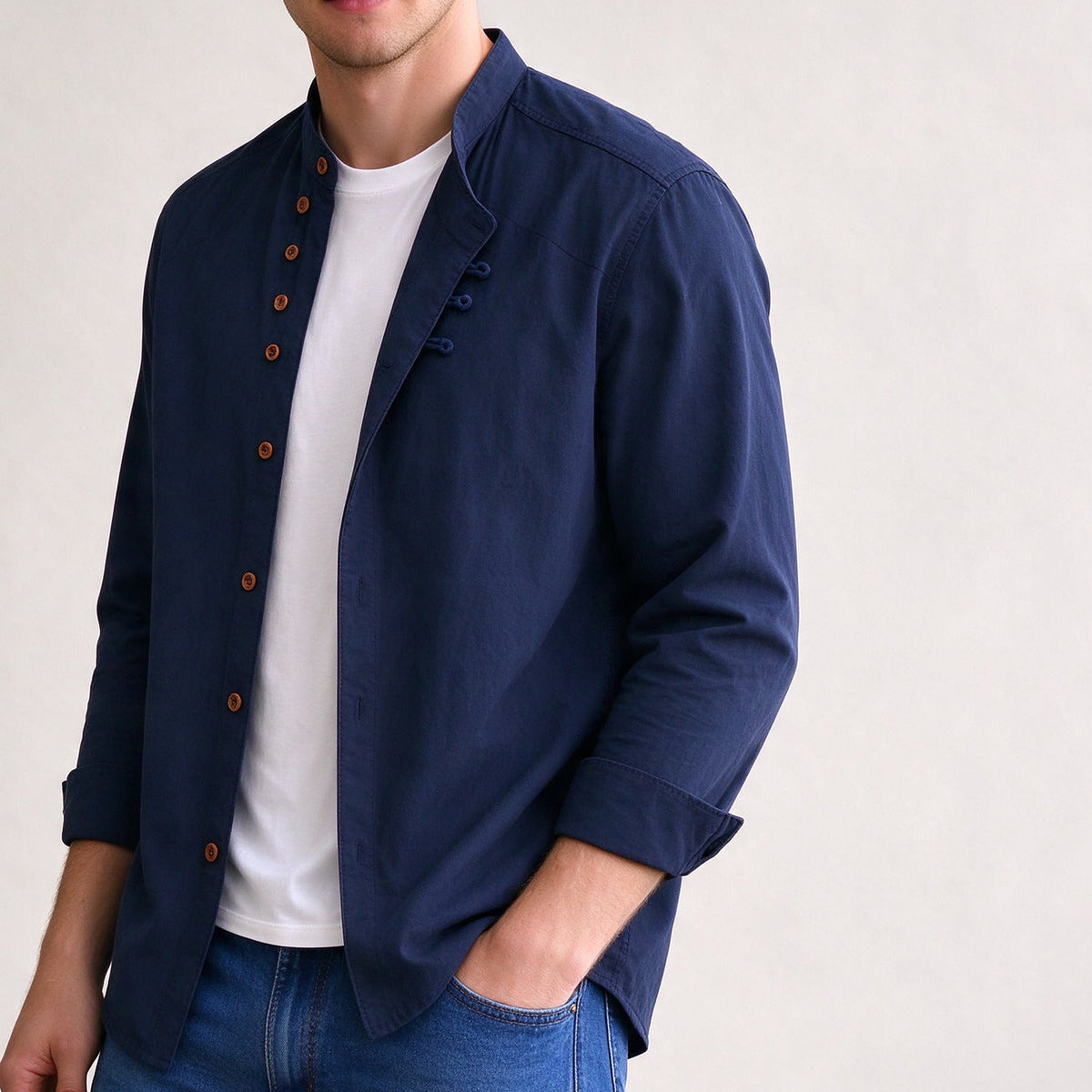 Kanata band collar shirt in Navy - side view