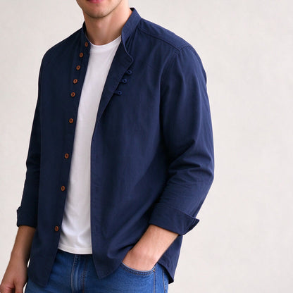 Kanata band collar shirt in Navy - side view