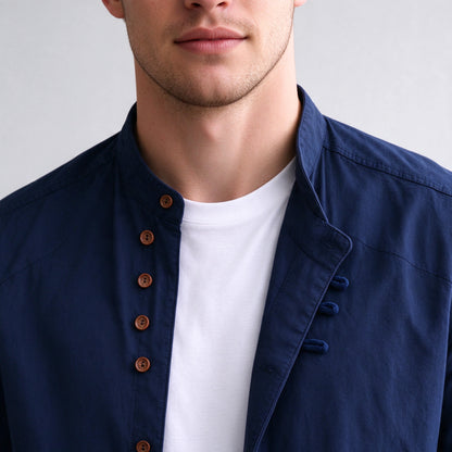 Kanata band collar shirt in Navy - collar close-up