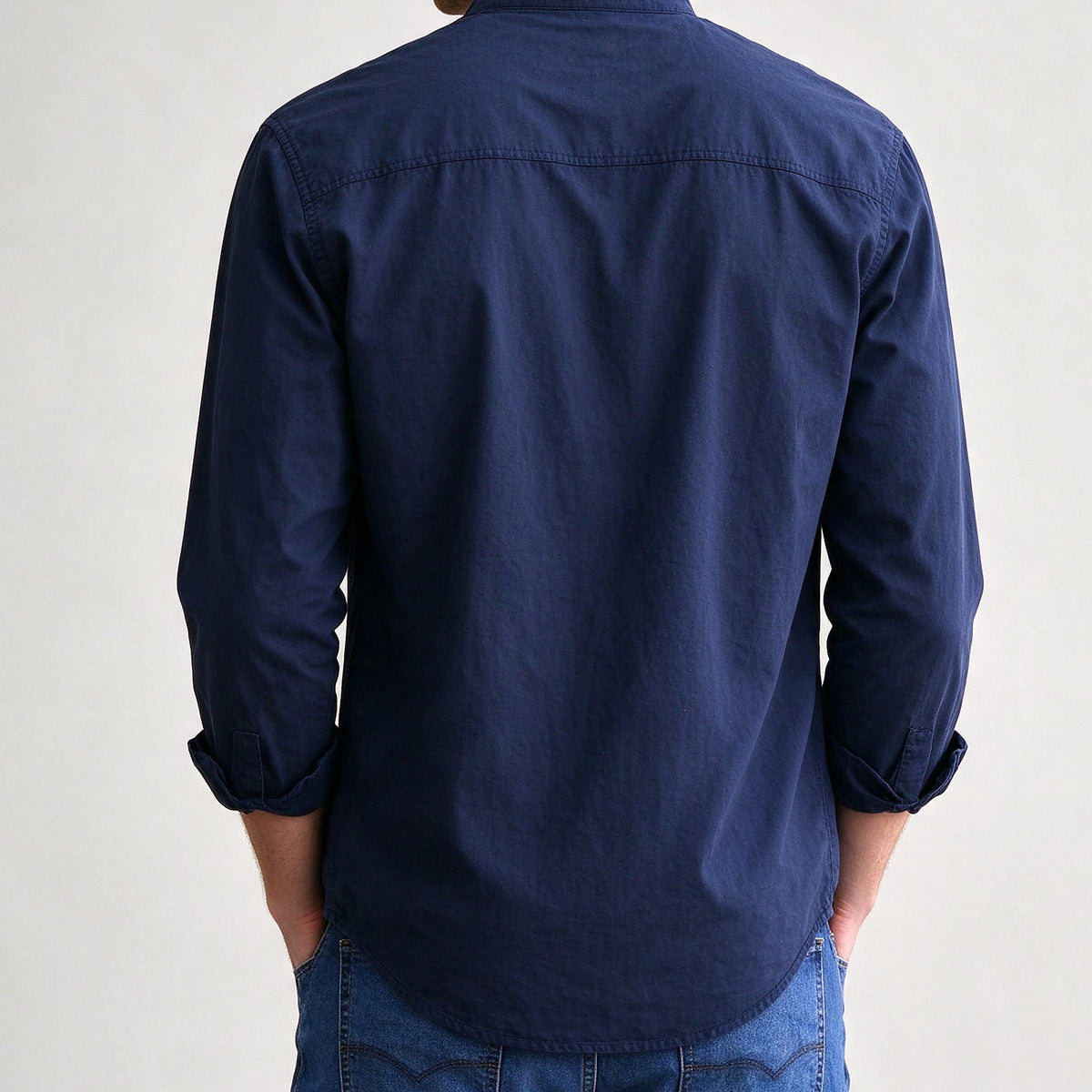 Kanata band collar shirt in Navy - back view