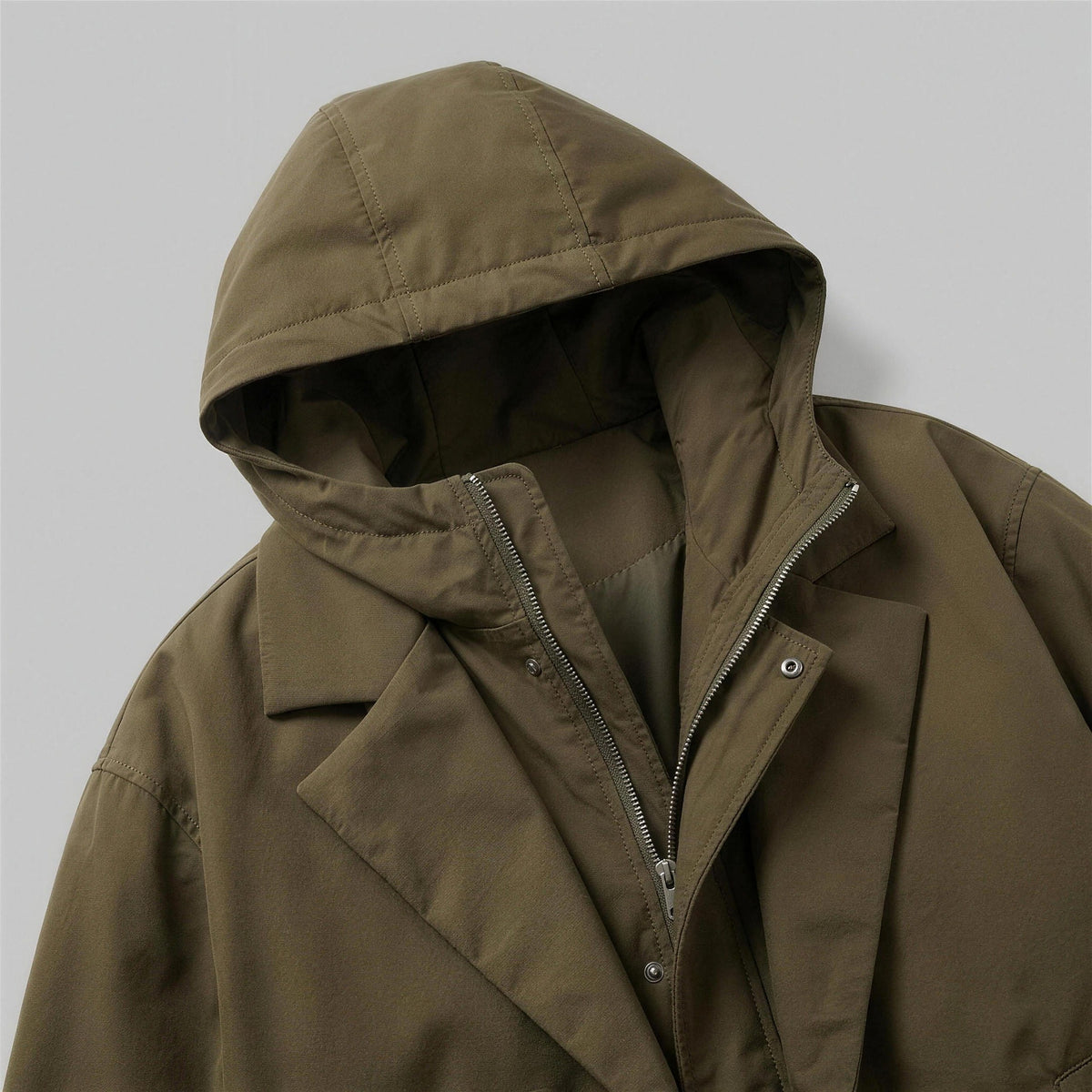 Kensal Overcoat - Army Green, hood and zip detail