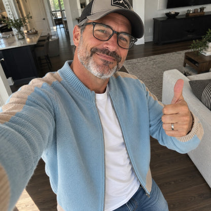 Langford Merino Wool Jacket in Light Blue, worn
