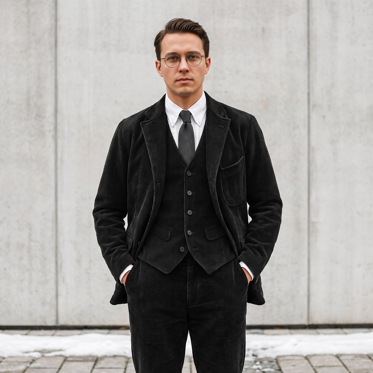Lennox black corduroy blazer and waistcoat set worn with shirt and tie