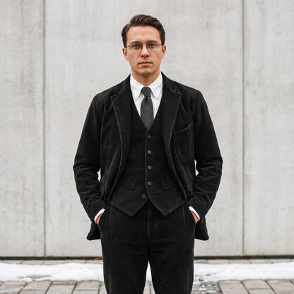 Lennox black corduroy blazer and waistcoat set worn with shirt and tie