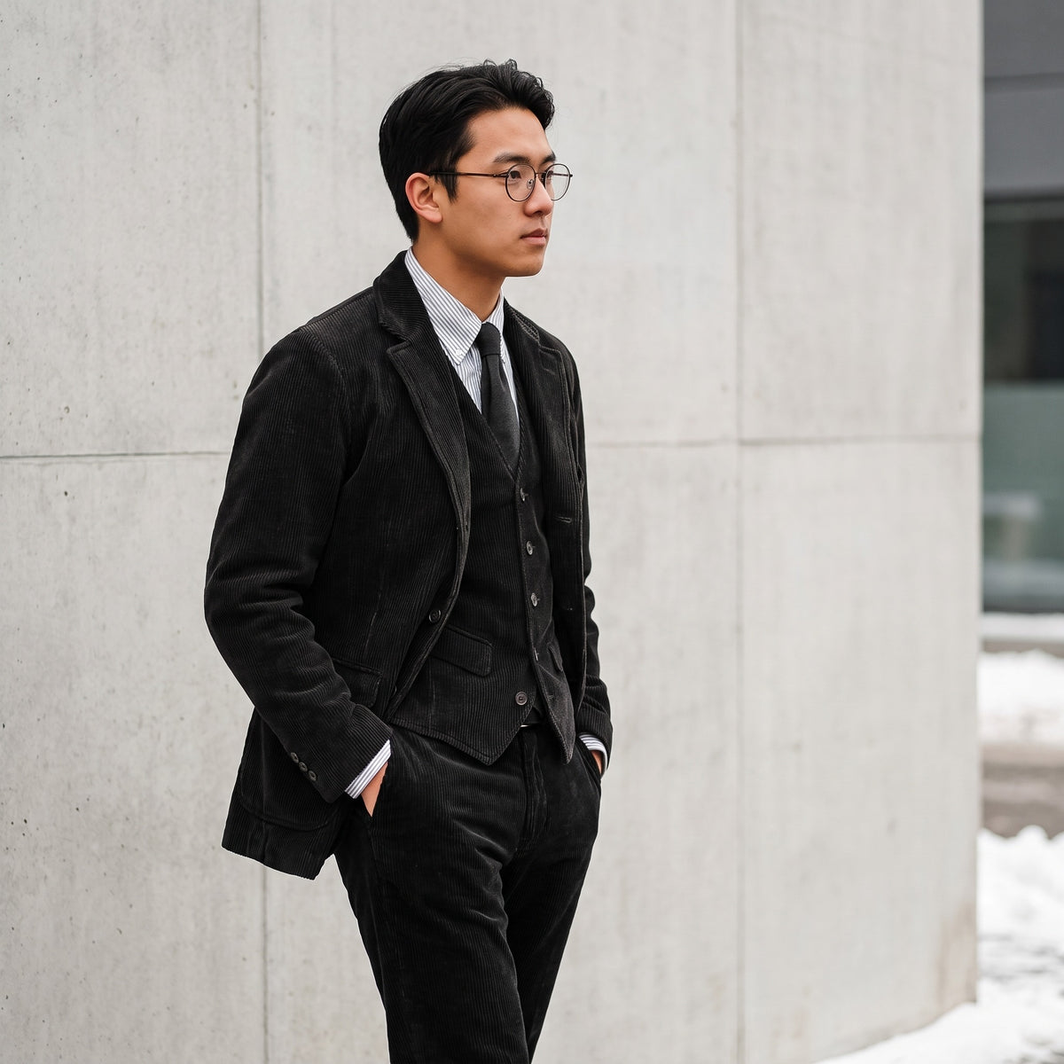 Lennox black corduroy blazer and waistcoat, side view