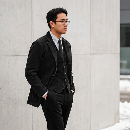 Lennox black corduroy blazer and waistcoat, side view
