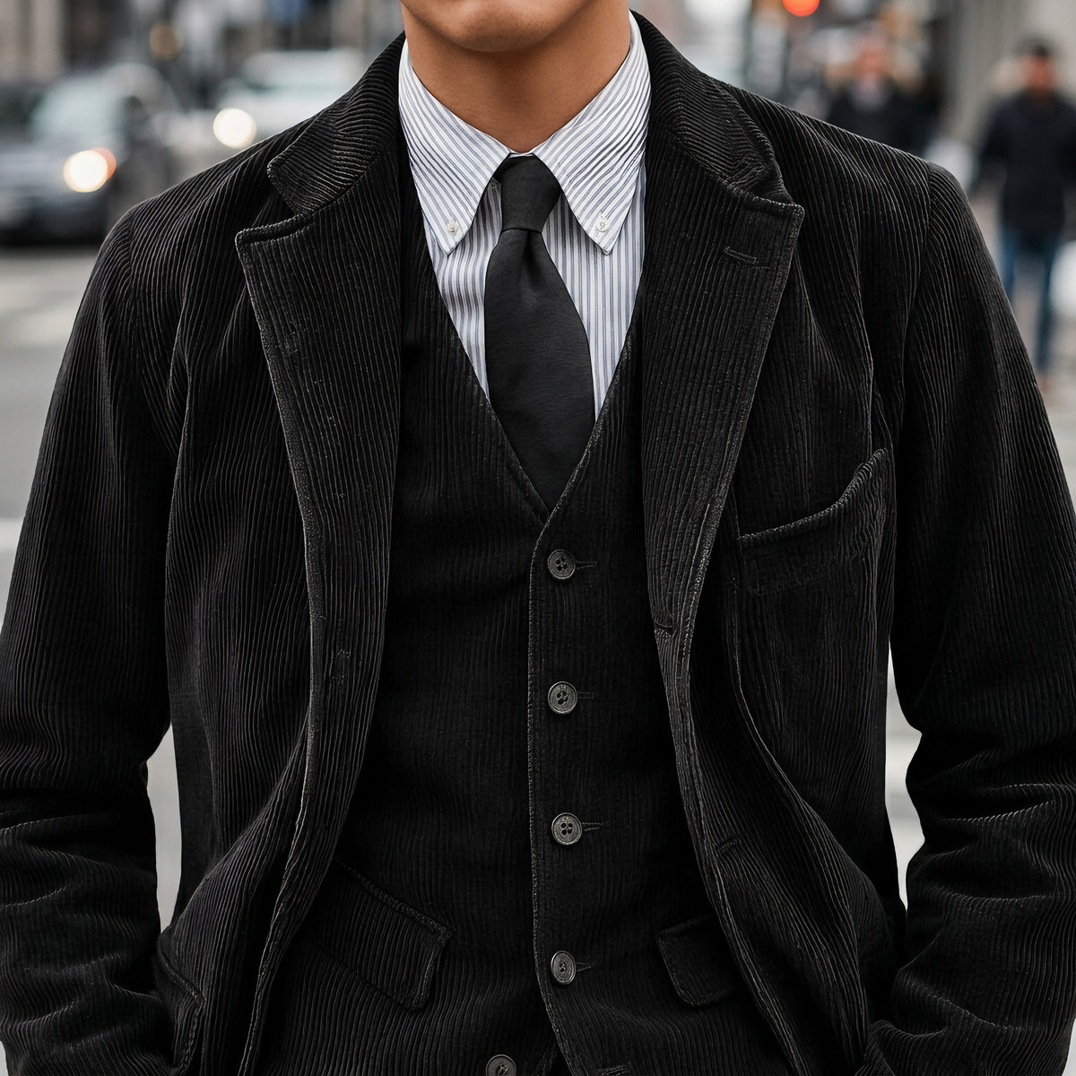 Close-up of the black corduroy lapel, chest pocket and waistcoat