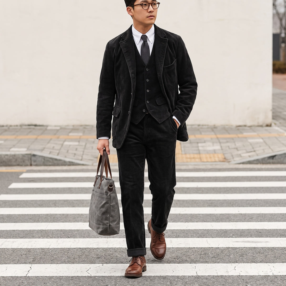Full outfit: black corduroy blazer, waistcoat and trousers