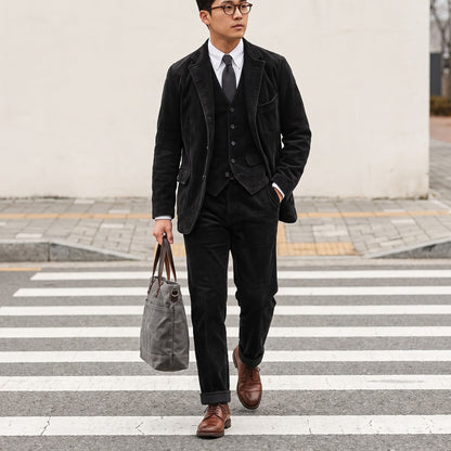 Full outfit: black corduroy blazer, waistcoat and trousers