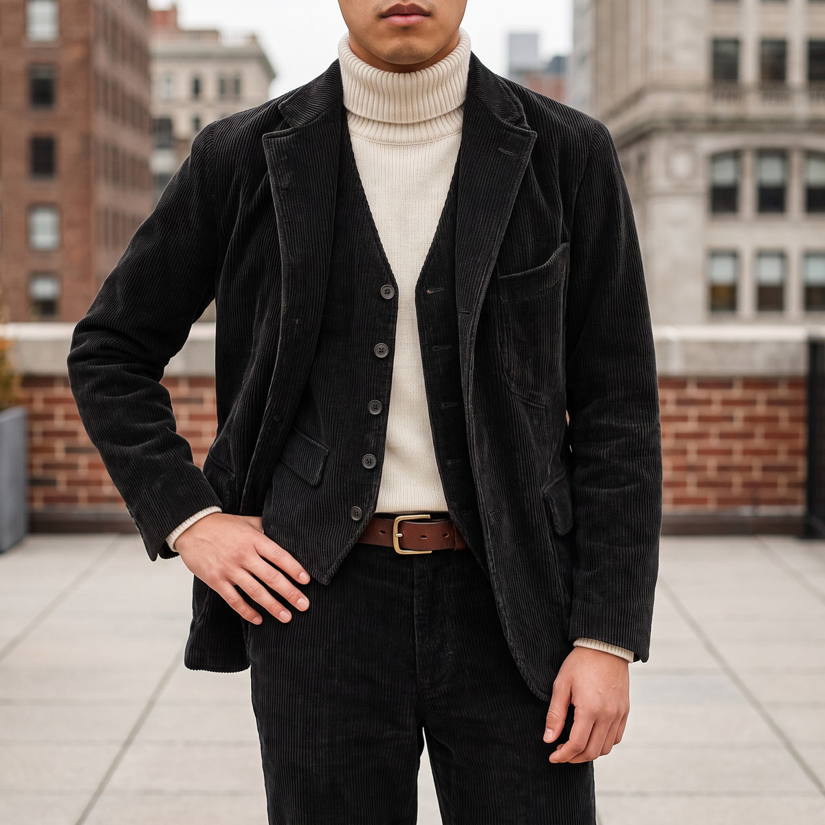 Black corduroy blazer worn over a roll-neck jumper