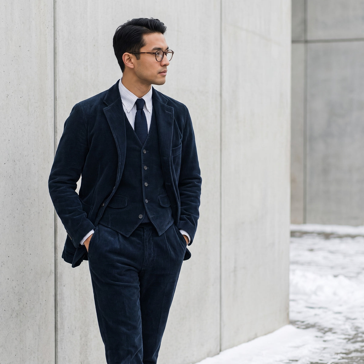 Lennox blue corduroy blazer and waistcoat, side view
