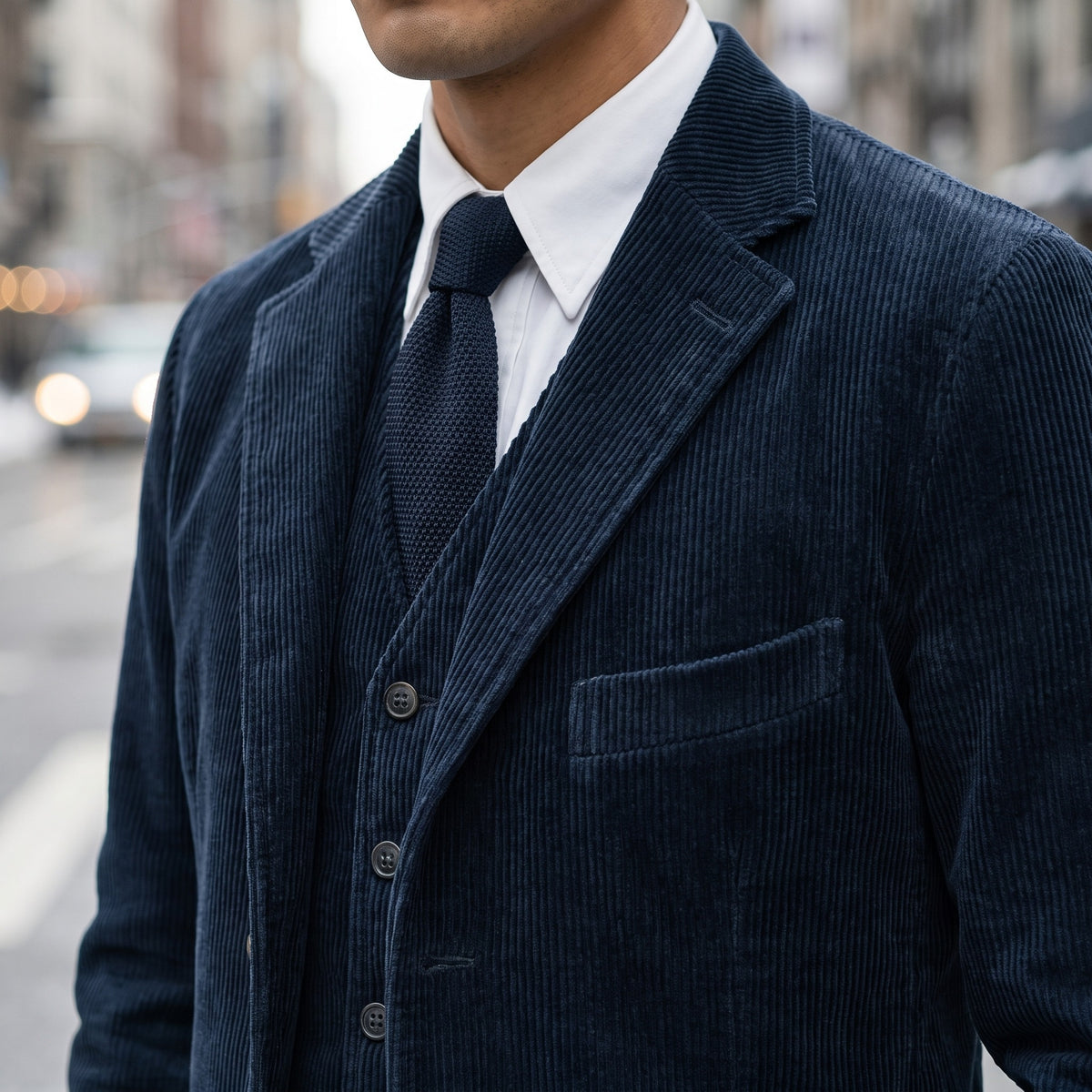 Close-up of the blue corduroy lapel, chest pocket and waistcoat