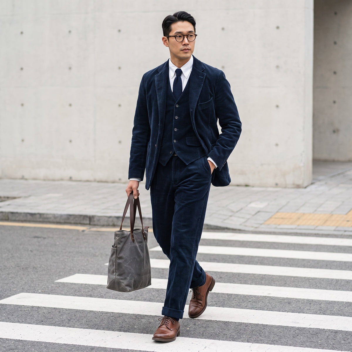Full outfit: blue corduroy blazer, waistcoat and trousers