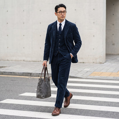 Full outfit: blue corduroy blazer, waistcoat and trousers