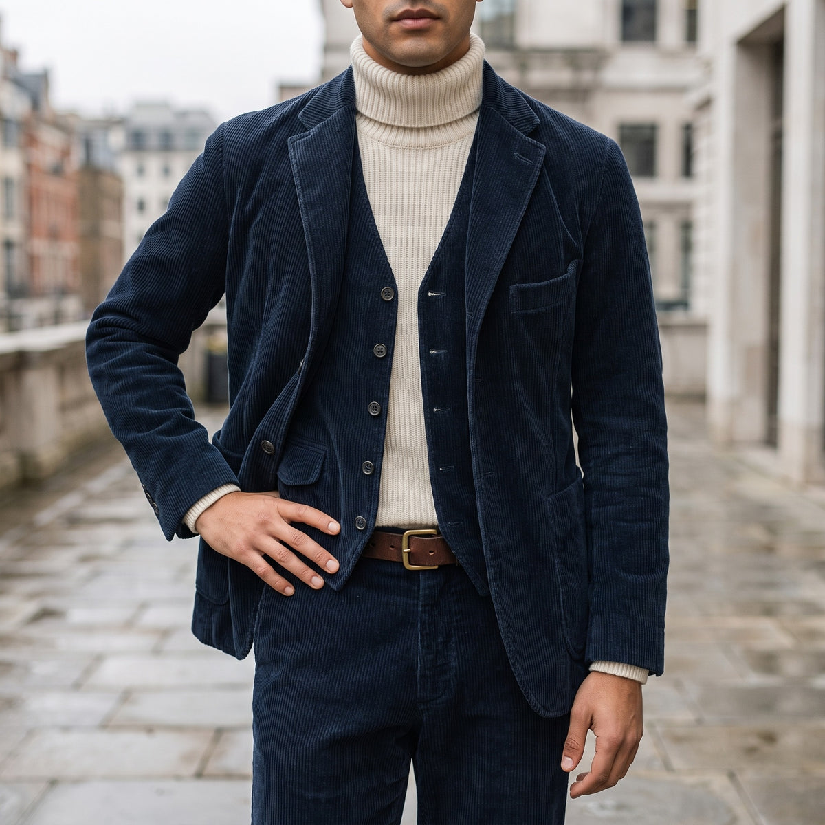 Blue corduroy blazer worn over a roll-neck jumper