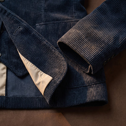 Hem and cuff detail of the blue corduroy blazer