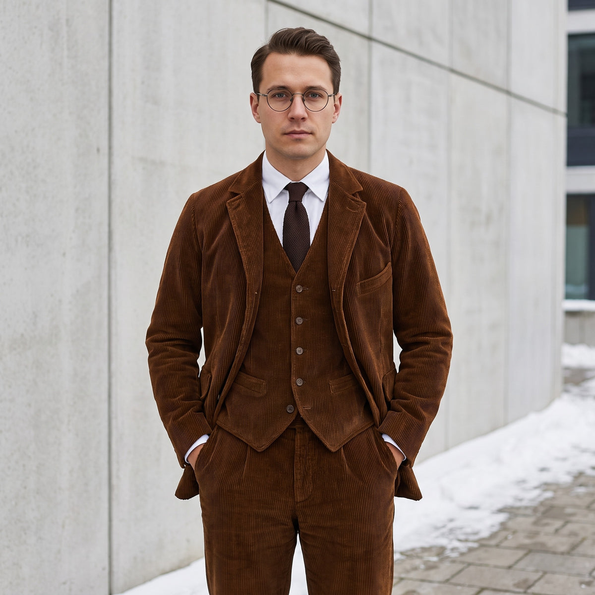 Lennox brown corduroy blazer and waistcoat set worn with shirt and tie