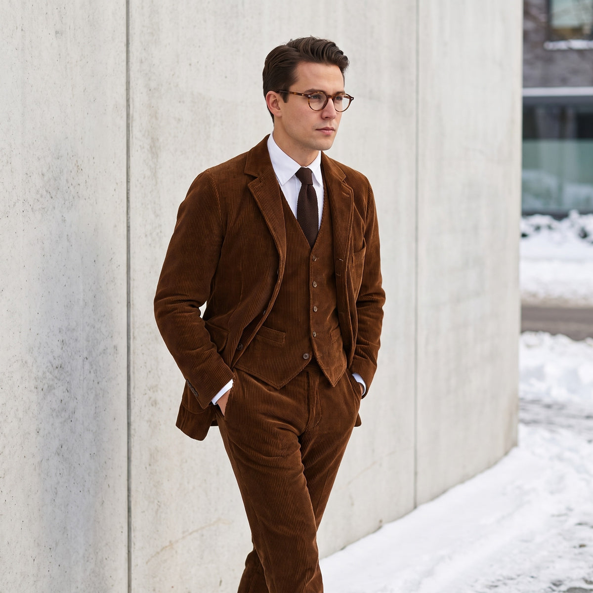 Lennox brown corduroy blazer and waistcoat, side view