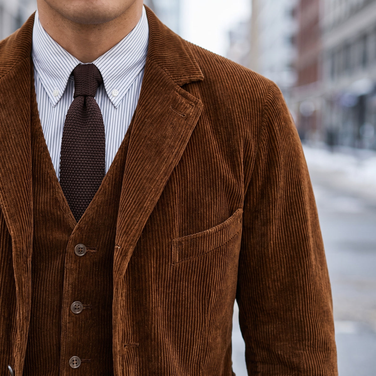 Close-up of the brown corduroy lapel, chest pocket and waistcoat