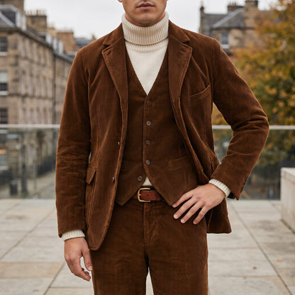 Brown corduroy blazer worn over a roll-neck jumper
