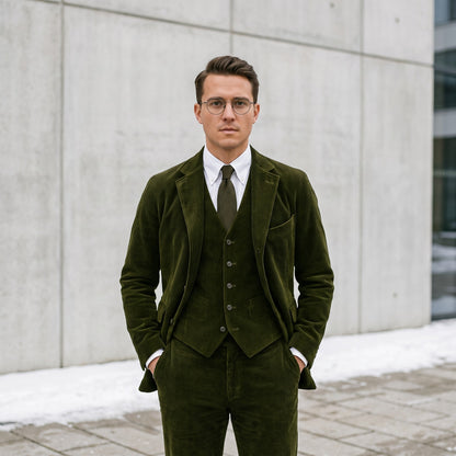 Lennox green corduroy blazer and waistcoat set worn with shirt and tie