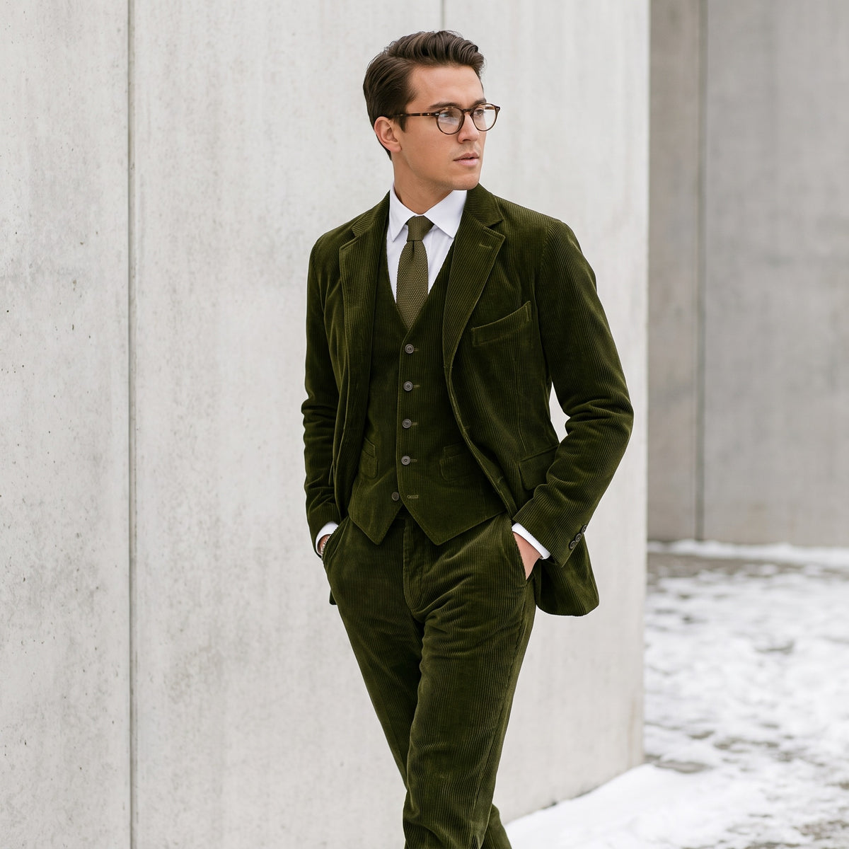 Lennox green corduroy blazer and waistcoat, side view