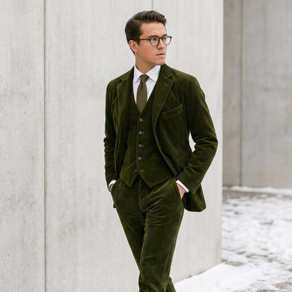 Lennox green corduroy blazer and waistcoat, side view