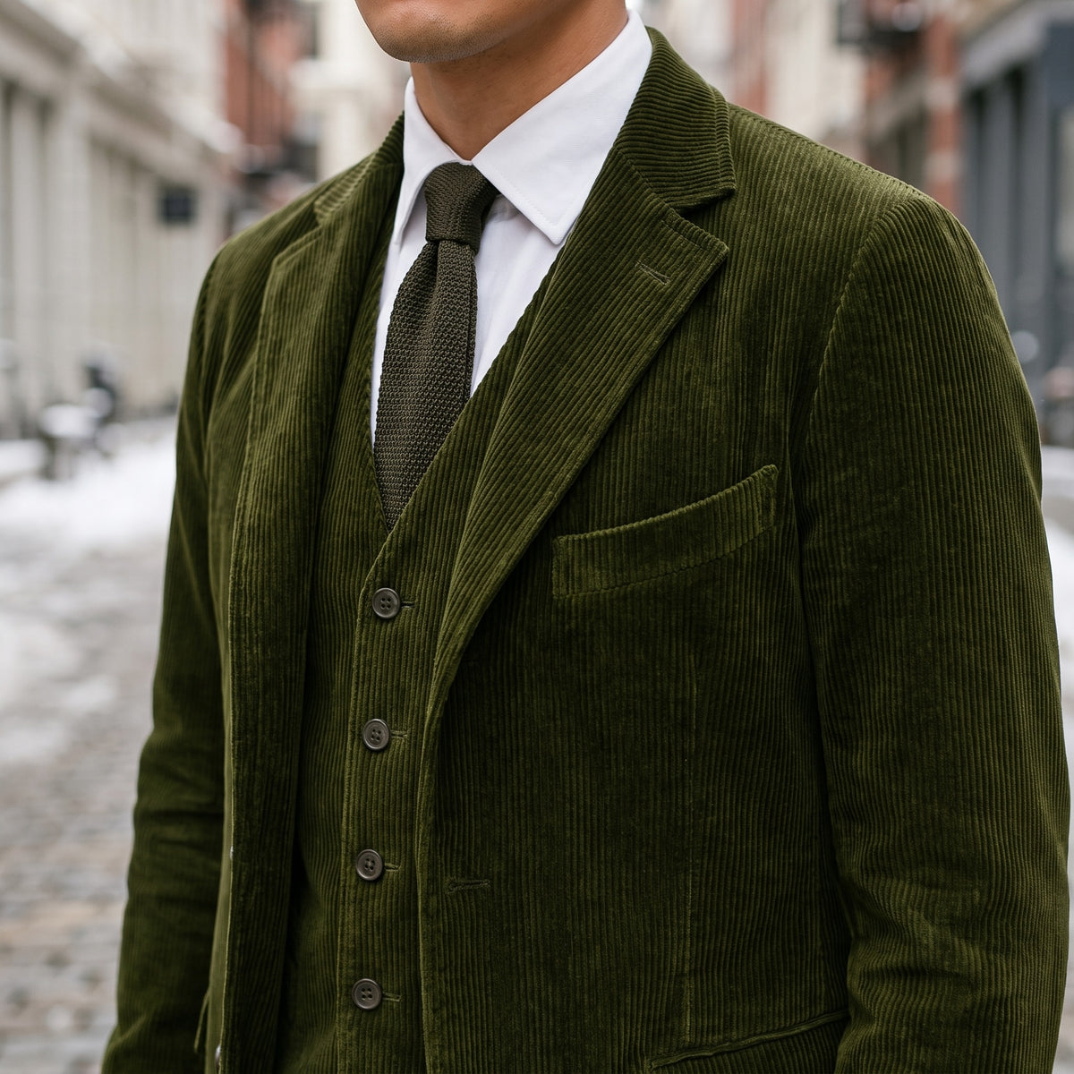 Close-up of the green corduroy lapel, chest pocket and waistcoat
