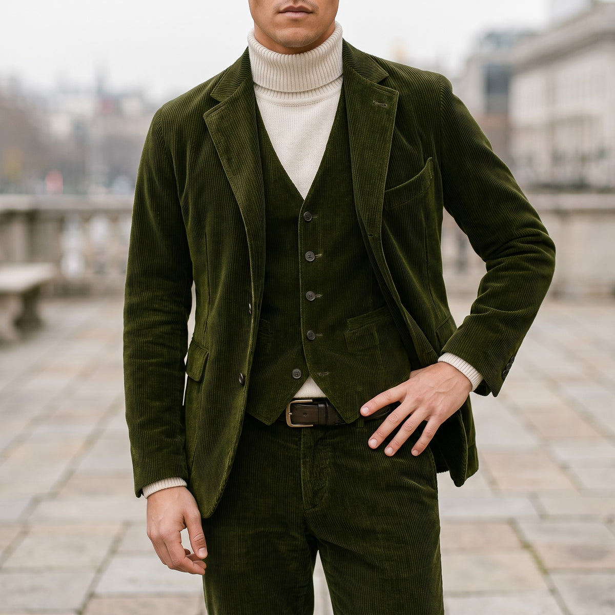 Green corduroy blazer worn over a roll-neck jumper