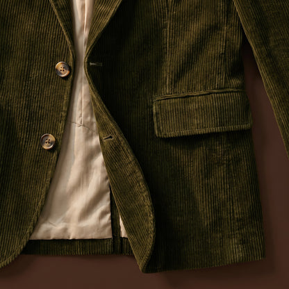 Green corduroy fabric, flap pocket and lining detail