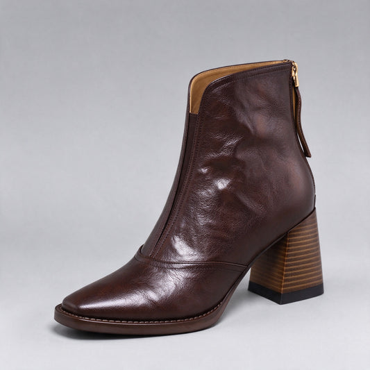 Livia leather mid-heel ankle boot in brown, three-quarter front view