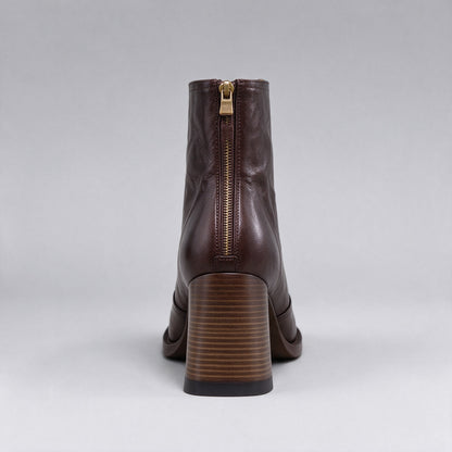 Livia brown ankle boot from behind, back zip and stacked wooden block heel