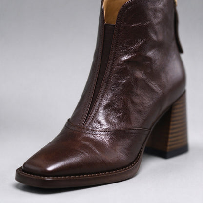 Livia brown ankle boot close-up of the squared toe and leather