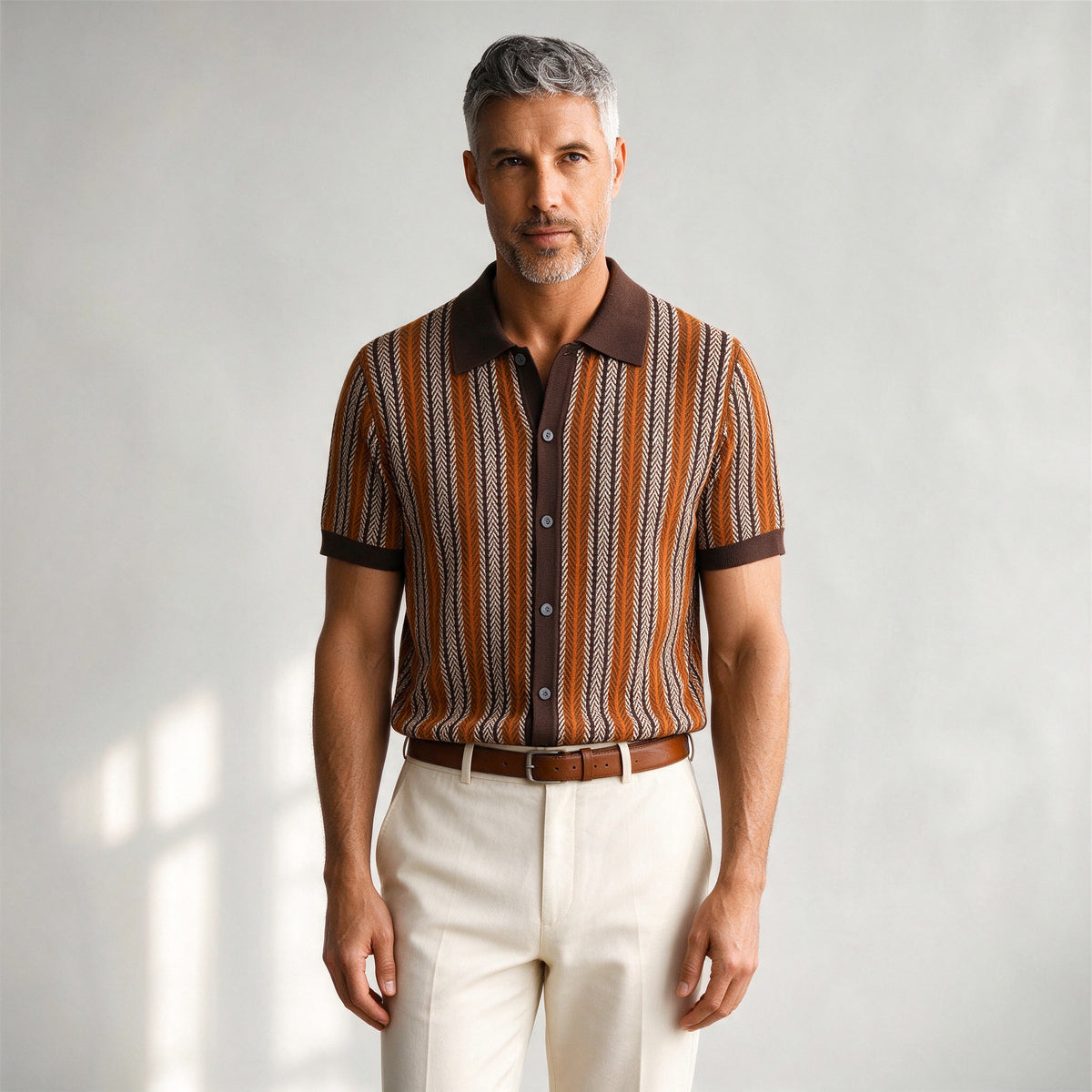 Lorenzo Retro Knit Button-Up Shirt in Brown - front view
