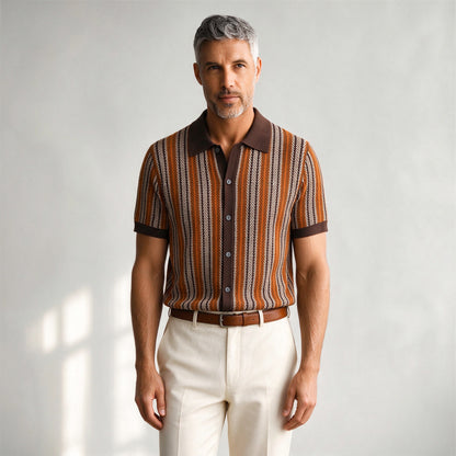 Lorenzo Retro Knit Button-Up Shirt in Brown - front view