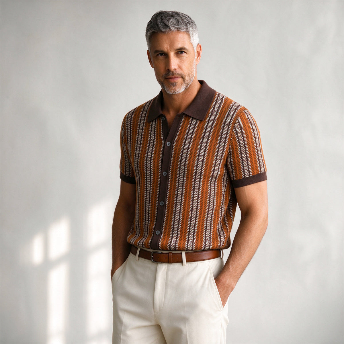 Lorenzo Retro Knit Button-Up Shirt in Brown - side view