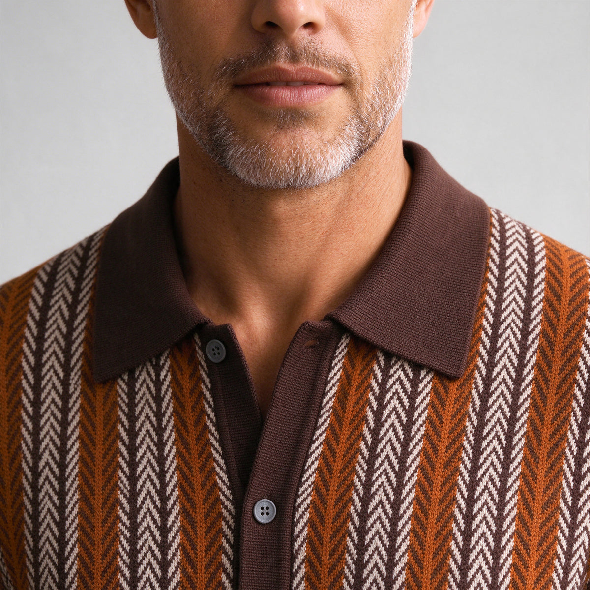 Lorenzo Retro Knit Button-Up Shirt in Brown - collar and knit close-up