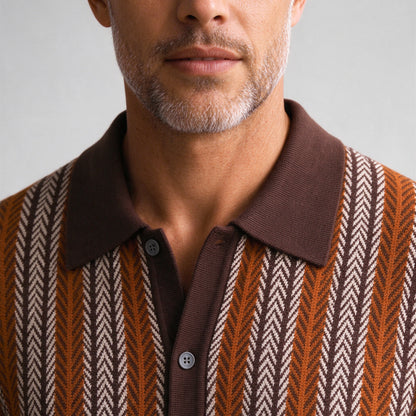 Lorenzo Retro Knit Button-Up Shirt in Brown - collar and knit close-up