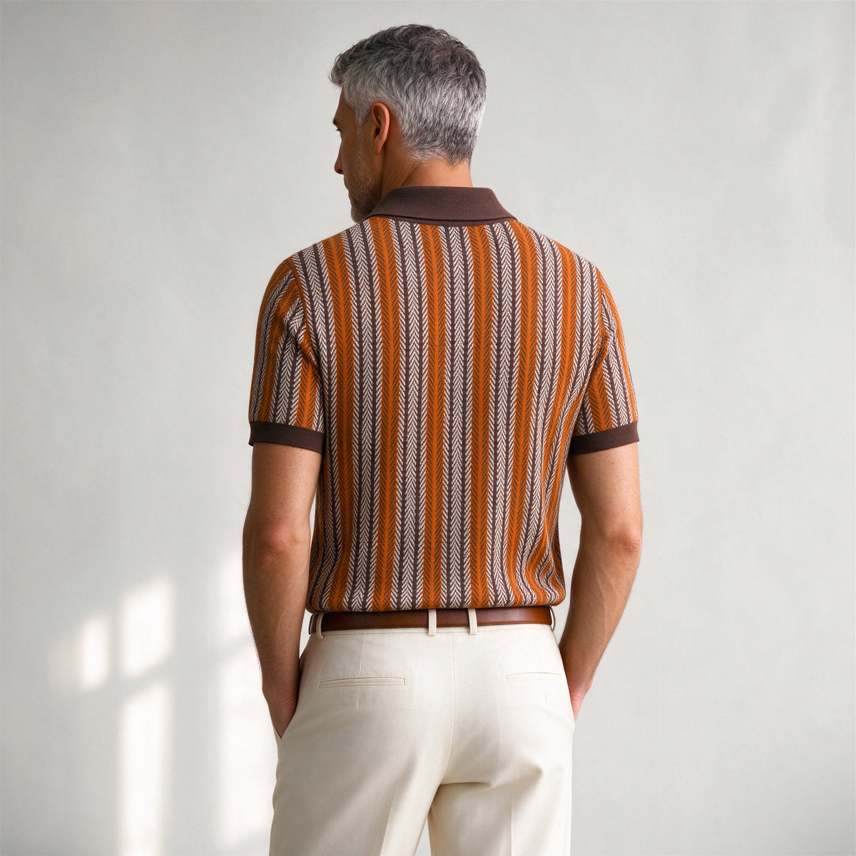 Lorenzo Retro Knit Button-Up Shirt in Brown - back view