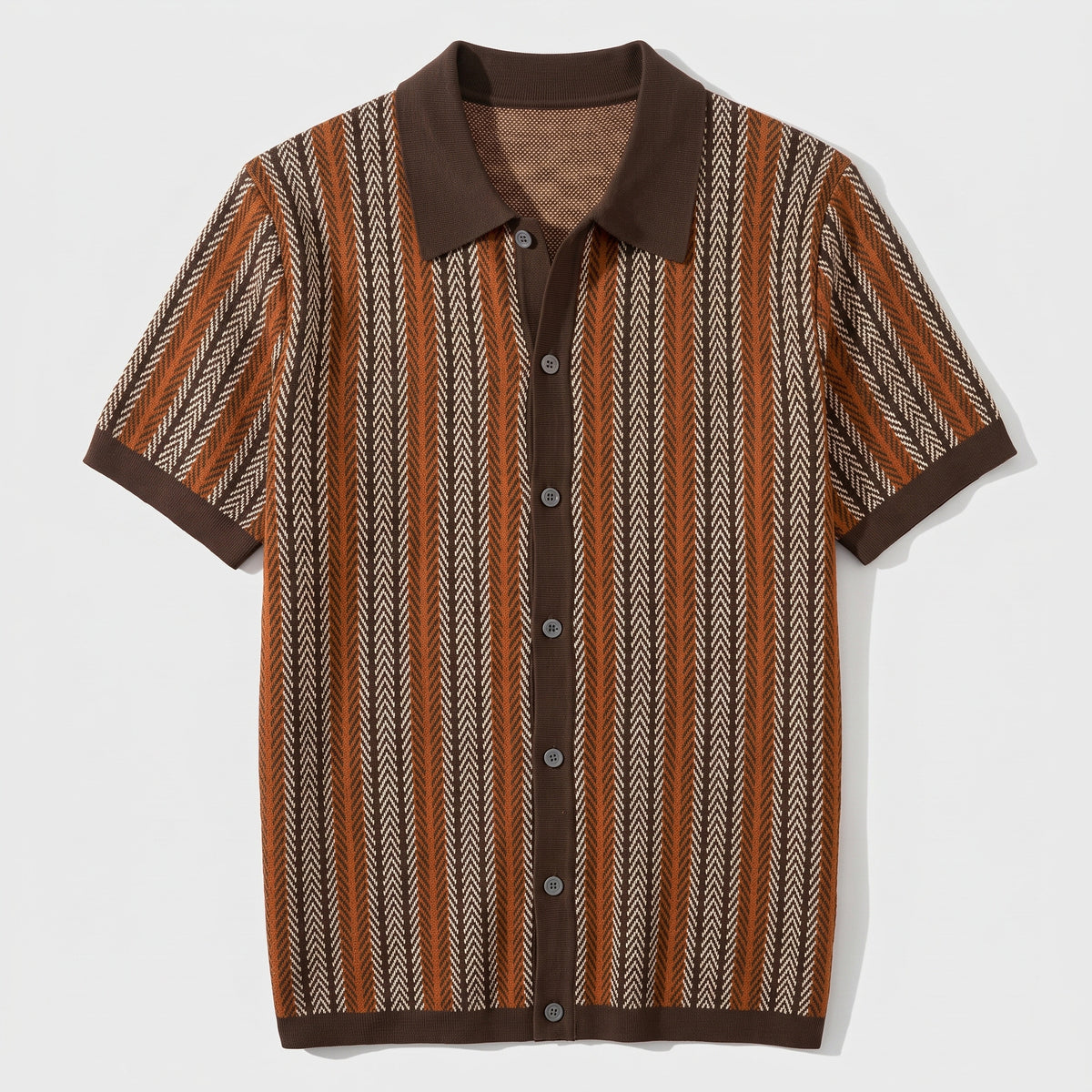 Lorenzo Retro Knit Button-Up Shirt in Brown - front