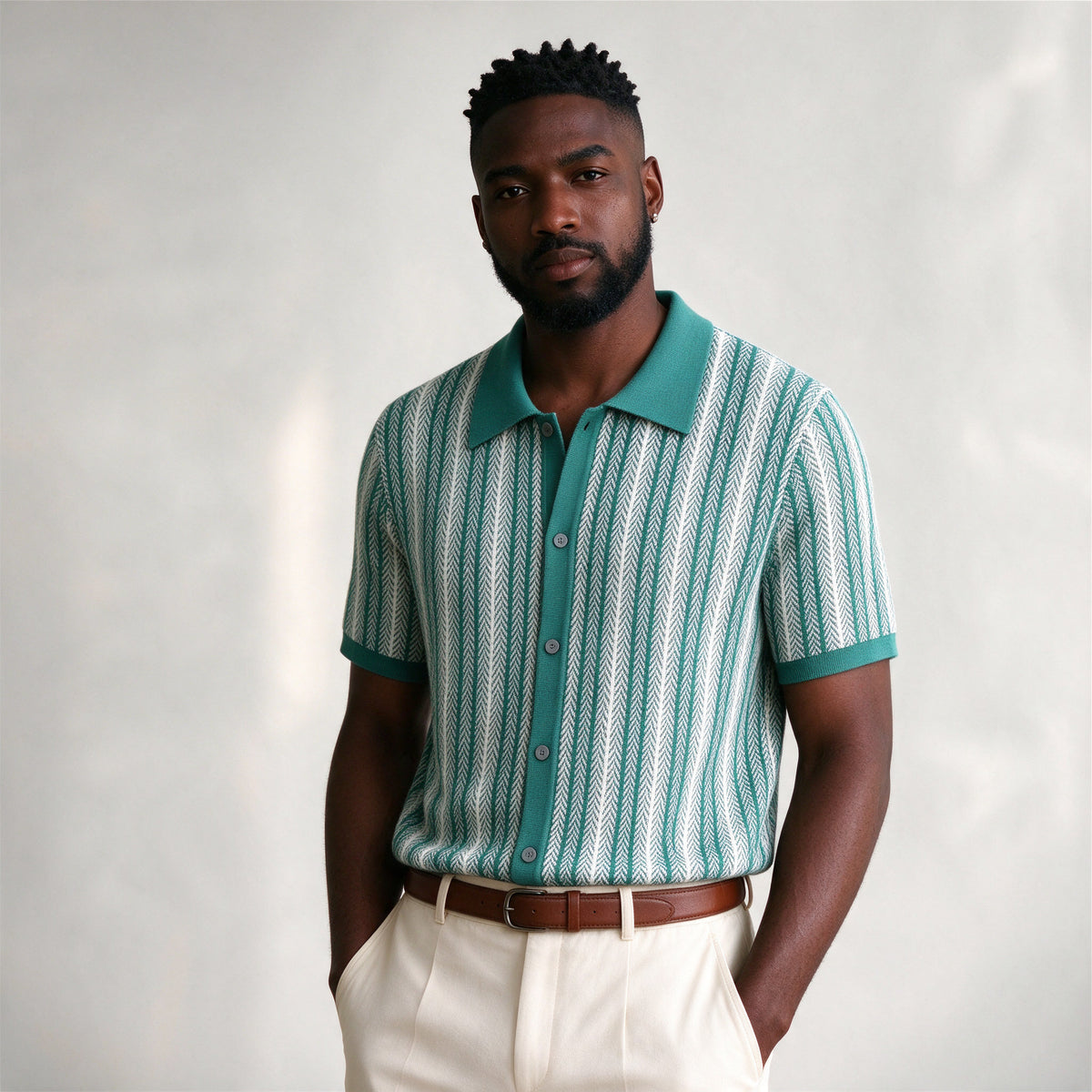 Lorenzo Retro Knit Button-Up Shirt in Green - side view
