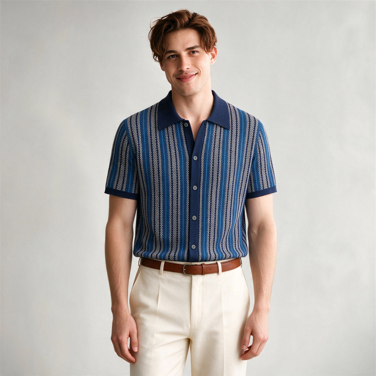 Lorenzo Retro Knit Button-Up Shirt in Navy - front view