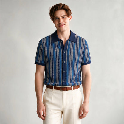 Lorenzo Retro Knit Button-Up Shirt in Navy - front view