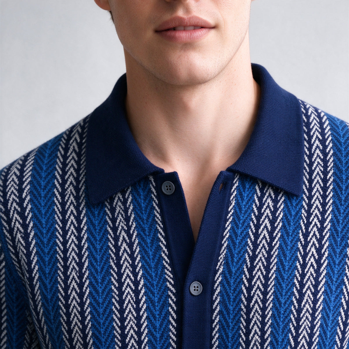 Lorenzo Retro Knit Button-Up Shirt in Navy - collar and knit close-up