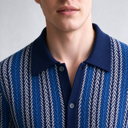 Lorenzo Retro Knit Button-Up Shirt in Navy - collar and knit close-up