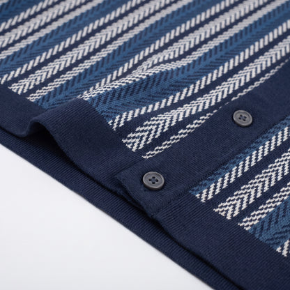 Lorenzo Retro Knit Button-Up Shirt in Navy - ribbed hem