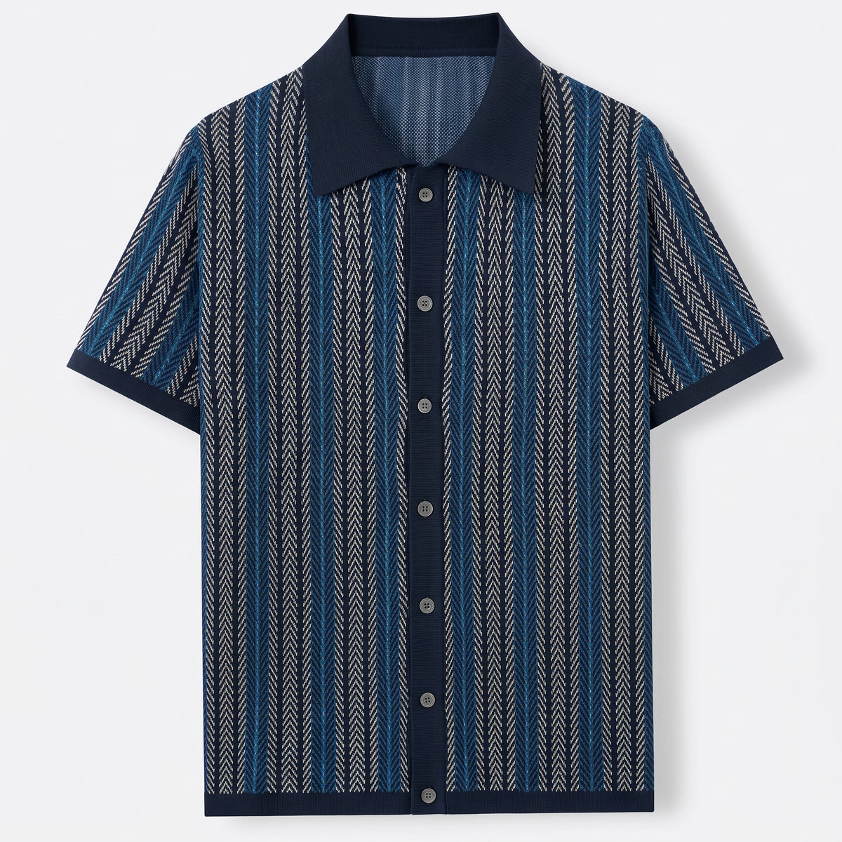 Lorenzo Retro Knit Button-Up Shirt in Navy - front