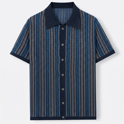 Lorenzo Retro Knit Button-Up Shirt in Navy - front